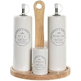 Set D'huile Et De Vinaigre - Dkd Home Decor - Standard - Grès Et Bois - Blanc - 15x18x22 Cm