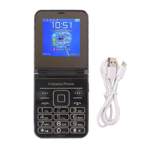 Téléphone portable à rabat 2G 2,6 pouces pour seniors 2 écrans 1,3 MP 4 cartes SIM Veille Gros bouton Gros chiffres Son fort Téléphone de base pour personnes âgées Noir