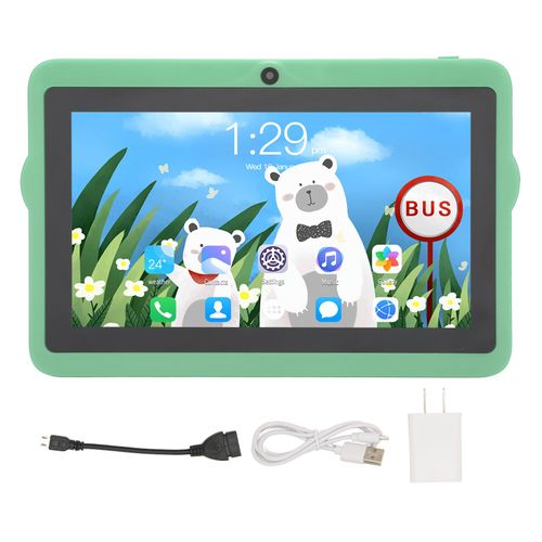 Tablette pour enfants de 7 pouces pour Android10 5G WIFI double bande 2 Go 32 Go 8 cœurs CPU double caméra tablette à haut-parleur unique avec support 100-240 V prise américaine verte