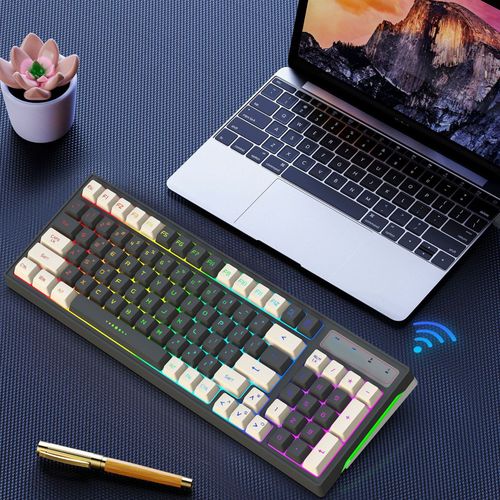 Clavier de jeu sans fil 2,4 G, 96 touches, ergonomique, longue durée de veille, clavier mécanique avec lumière RVB pour ordinateurs L900 Gris Blanc Wireless Keyboard