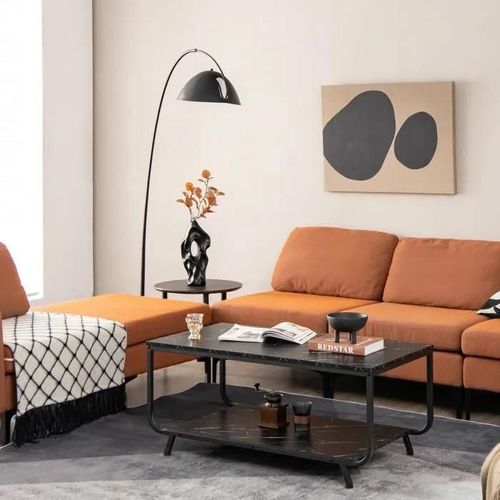Costway Table Basse À 2 Niveaux Avec Plateau Imitation Marbre, 105x55x46,5 Cm, Table De Salon Moderne Avec Structure En Métal, Noir
