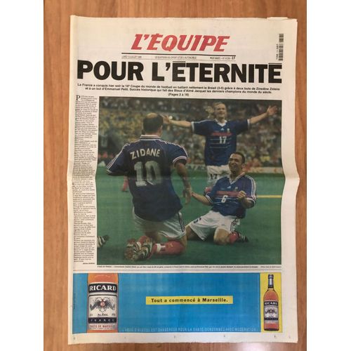 Quotidien L'équipe Du Lundi 13 Juillet 1998 - La France Championne Du Monde De Foot 1998
