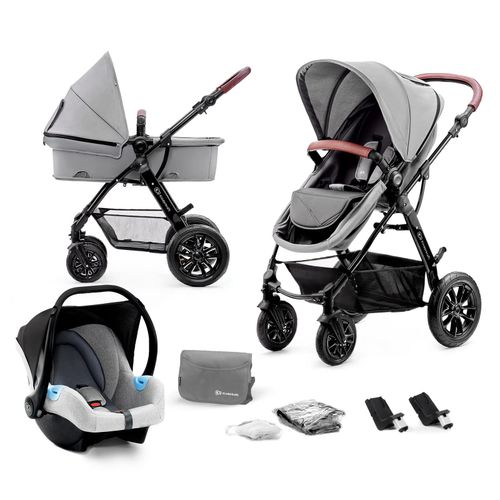 Kinderkraft Moov Poussette 3 En 1, Poussette Canne, Trio, Poussette Bebe, Landau Bébé, Avec Siège Auto, Accessoires, Adaptateurs Universels, Nacelle, Grandes Roues, 25kg, Gris