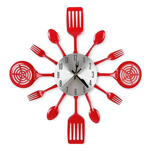 Grande Horloge Murale de Cuisine de 16 Pouces avec Cuill¿¿Res et Fourchettes, Vaisselle 3D Horloge Murale D¿¿Coration de (Rouge)