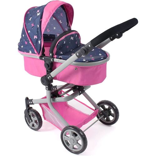Poussette De Poupée Combinée 2 En 1 Mika Bleu Et Rose Papillon