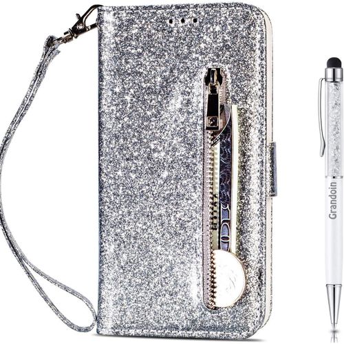 Cover Pour Avec Huawei Mate 10 Pro, Bling Glitter Bookstyle Flip Cover Tui De Protection Housse En Pu Cuir Avec Tpu Silicone Souple [Fente De Carte] [Magntique] (Argent)