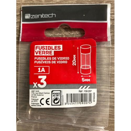 2 fusibles verre Zenitech 5 x 20 mm 1A