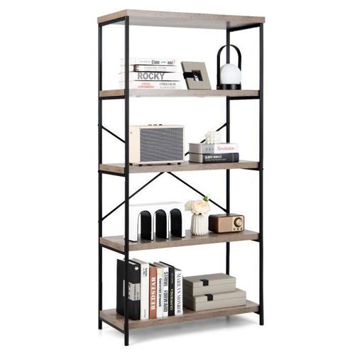 Costway Bibliothèque Étagère À 5 Niveaux Meuble De Rangement Industriel Avec Cadre En Métal Et Dispositif Anti-Basculement Gris