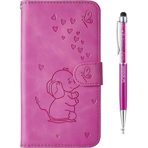 Coque Pour Samsung Galaxy A6 Plus 2018, [Gaufrage De L'lphant] Bookstyle Flip Cover Tui De Protection Housse En Pu Cuir Avec Tpu Silicone Souple Phone Case(Rose Rouge)