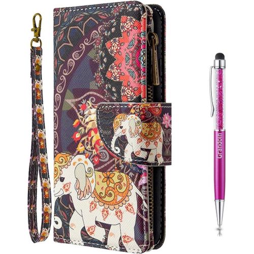 Coque Pour Huawei Y6p, Peint Flip Cover Tui Fermeture Clair Portefeuille Housse En Pu Cuir Avec Tpu Silicone Souple [9 Fente De Carte] [Fermeture Magntique] (L'lphant)
