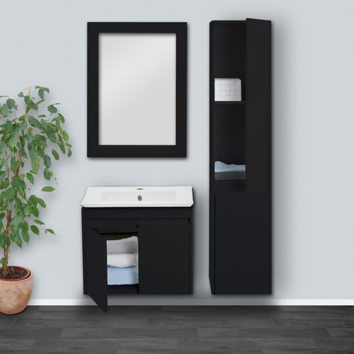 Ensemble Pour Salle De Bain Hwc-L86, Lavabo Miroir Mural Armoire Suspendue Lavabo, Certifié Mvg Revêtement Mélaminé   Noir