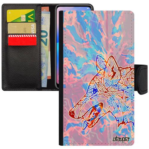 Coque Pour Iphone Se 2022 Simili Cuir Portefeuille Loup Homme Plume Animaux Chien Tattoo Pastel Foret Mechant Mobile Bleu Etui