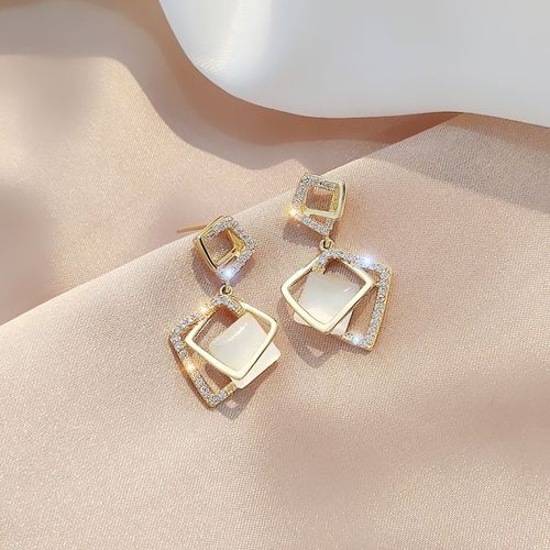 Boucles D'oreilles Pendantes Noires En Or Coréen Pour Femmes, Double Carré, Marque De Luxe, Boucle D'oreille En Cristal, Accessoires De Mariage