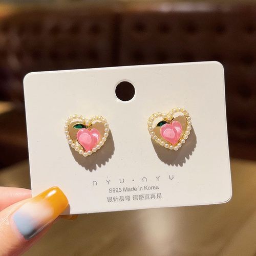 Boucles D'oreilles En Forme De C¿Ur Rose Pêche Pour Femmes, Imitation Perle, Mignonnes, Accessoires