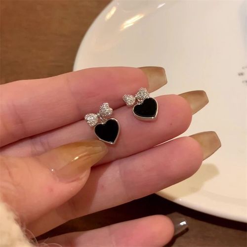 Boucles D'oreilles Asymétriques Pour Femmes, Mignon N¿Ud Papillon Noir, Boucles D'oreilles En Forme De C¿Ur, Accessoires En Strass