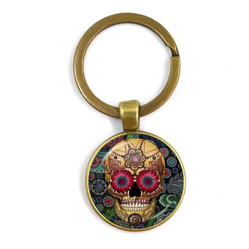 Porte-Clé En Verre Pendentif Crâne Sucre Coloré Exquis, Squelette Et Fleur Pour Cadeau Unisexe
