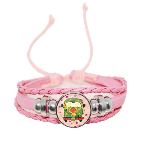 Bracelet En Cuir Rose Pour Femmes Et Filles, Bijoux Pour Enfants, Convexe Rond En Verre, Dôme Réglable