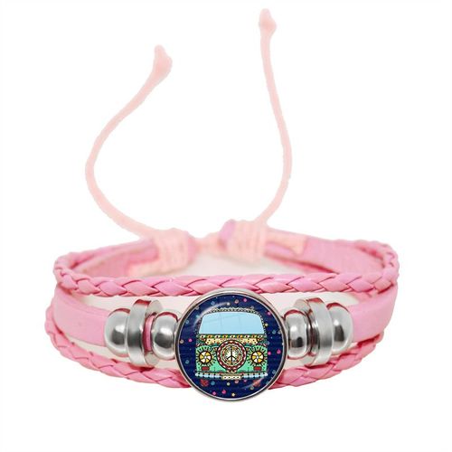 Bracelet En Cuir Rose Pour Femmes Et Filles, Bijoux Pour Enfants, Convexe Rond En Verre, Dôme Réglable