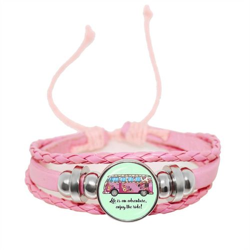 Bracelet En Cuir Rose Pour Femmes Et Filles, Bijoux Pour Enfants, Convexe Rond En Verre, Dôme Réglable