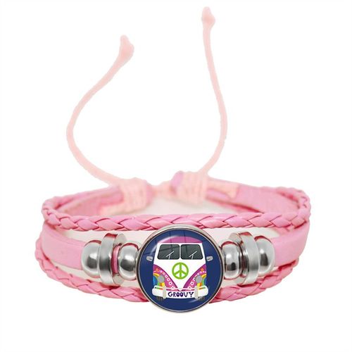 Bracelet En Cuir Rose Pour Femmes Et Filles, Bijoux Pour Enfants, Convexe Rond En Verre, Dôme Réglable