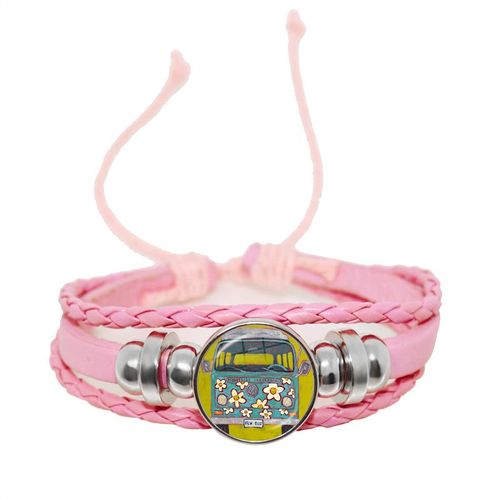Bracelet En Cuir Rose Pour Femmes Et Filles, Bijoux Pour Enfants, Convexe Rond En Verre, Dôme Réglable