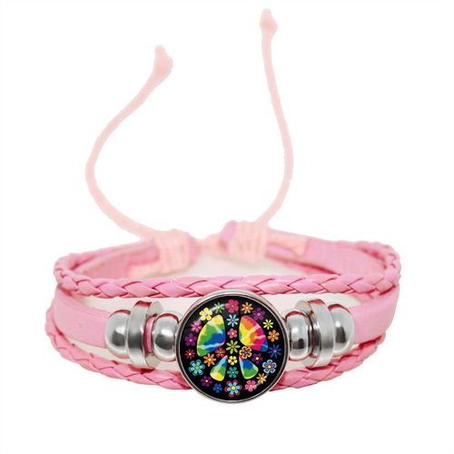 Bracelet En Cuir Rose Pour Femmes Et Filles, Bijoux Pour Enfants, Convexe Rond En Verre, Dôme Réglable
