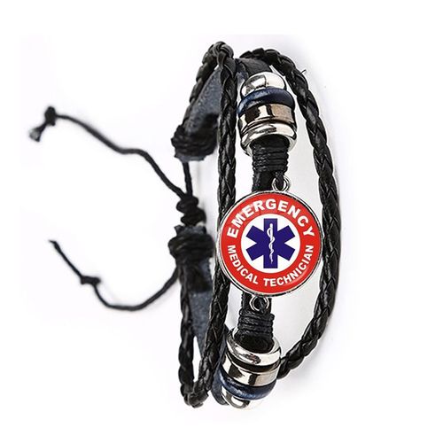 Bracelet En Cuir Noir/Marron Avec Symbole De Technicien Médical D'urgence, Avec Dôme En Verre, Signe Emt Étoile De Vie Bleue