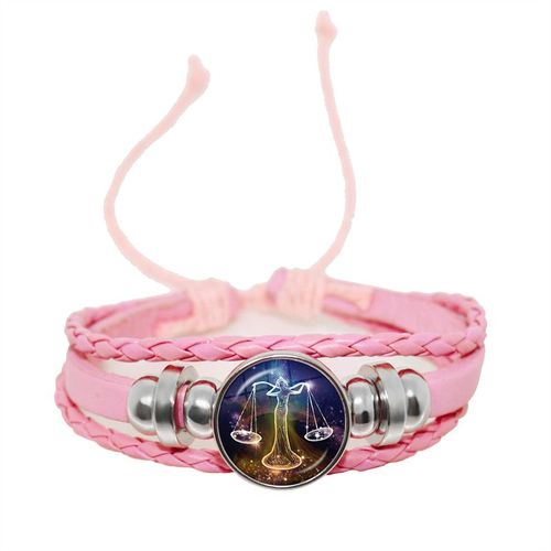 Bracelet En Cuir Avec Signe Du Zodiaque Pour Femme, 12 Constellations, Cabochon En Verre Fait À La Main, Bijoux Punk Rose, Horoscope Stratravelling, Cadeau D'anniversaire