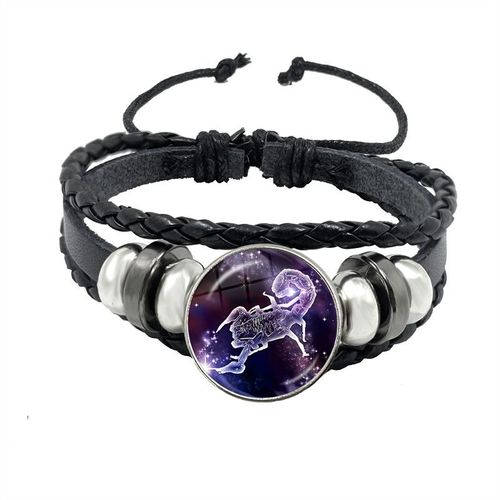 Bracelet En Cuir Avec Signe Du Zodiaque Pour Femme, 12 Constellations, Cabochon En Verre Fait À La Main, Bijoux Punk Rose, Horoscope Stratravelling, Cadeau D'anniversaire