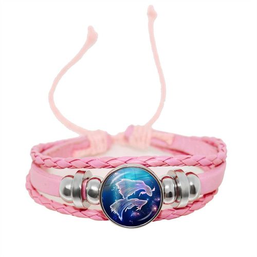 Bracelet En Cuir Avec Signe Du Zodiaque Pour Femme, 12 Constellations, Cabochon En Verre Fait À La Main, Bijoux Punk Rose, Horoscope Stratravelling, Cadeau D'anniversaire