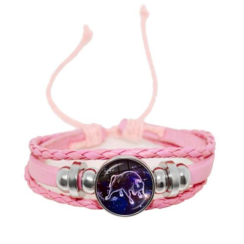 Bracelet En Cuir Avec Signe Du Zodiaque Pour Femme, 12 Constellations, Cabochon En Verre Fait À La Main, Bijoux Punk Rose, Horoscope Stratravelling, Cadeau D'anniversaire