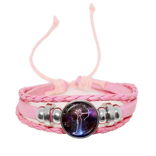 Bracelet En Cuir Avec Signe Du Zodiaque Pour Femme, 12 Constellations, Cabochon En Verre Fait À La Main, Bijoux Punk Rose, Horoscope Stratravelling, Cadeau D'anniversaire