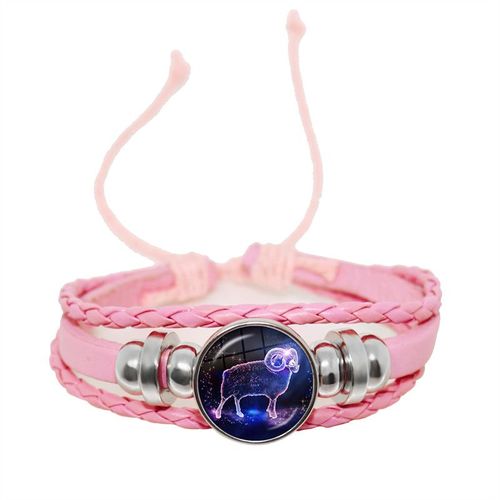 Bracelet En Cuir Avec Signe Du Zodiaque Pour Femme, 12 Constellations, Cabochon En Verre Fait À La Main, Bijoux Punk Rose, Horoscope Stratravelling, Cadeau D'anniversaire