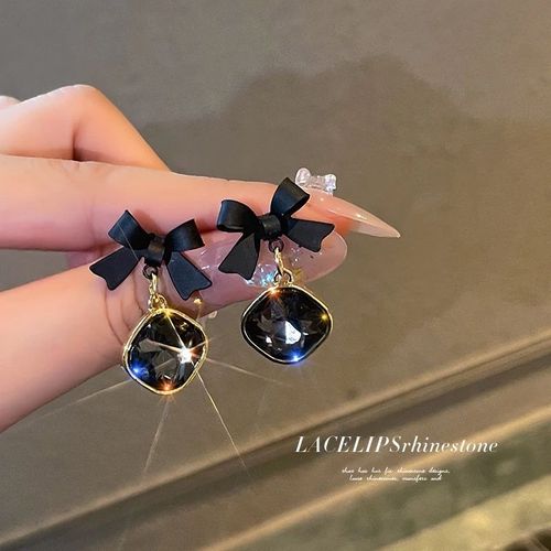 Boucles D'oreilles Asymétriques Pour Femmes, Mignon N¿Ud Papillon Noir, Boucles D'oreilles En Forme De C¿Ur, Accessoires En Strass