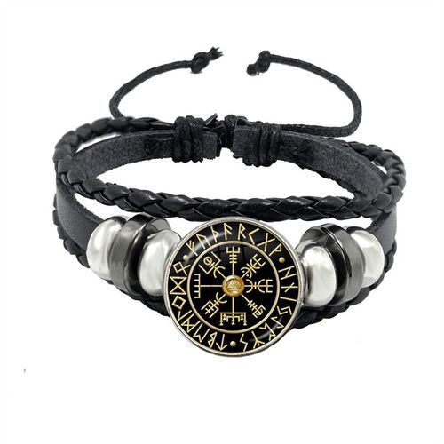 Bracelet Boussole Multicouche En Cuir Tressé Viking Pour Homme, Perles De Bois, Mode Décontractée, Bracelets Rétro Punk, Bracelet Rond, Cadeau