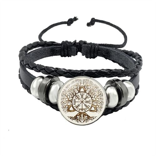 Bracelet Boussole Multicouche En Cuir Tressé Viking Pour Homme, Perles De Bois, Mode Décontractée, Bracelets Rétro Punk, Bracelet Rond, Cadeau