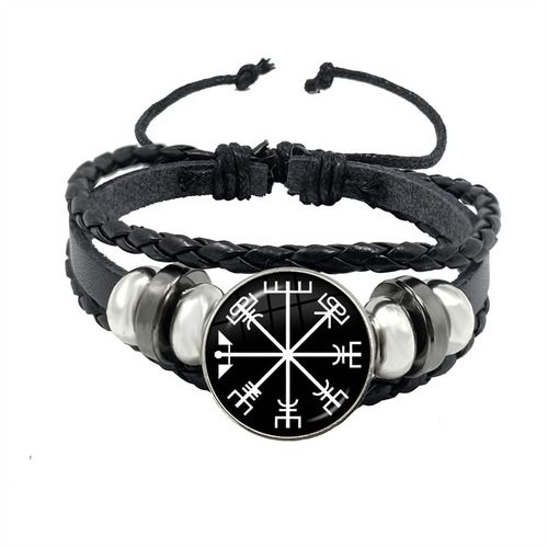 Bracelet Boussole Multicouche En Cuir Tressé Viking Pour Homme, Perles De Bois, Mode Décontractée, Bracelets Rétro Punk, Bracelet Rond, Cadeau