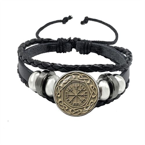 Bracelet Boussole Multicouche En Cuir Tressé Viking Pour Homme, Perles De Bois, Mode Décontractée, Bracelets Rétro Punk, Bracelet Rond, Cadeau