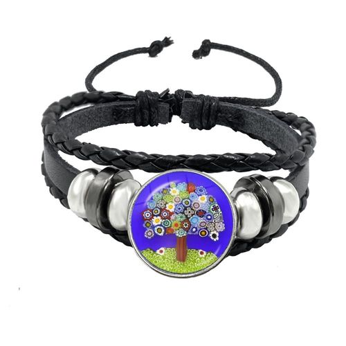 Bracelet Manchette En Cuir Pour Hommes Et Femmes, Manchette En Verre, Fleur Multicolore, Cabochon Réglable, Noir, Cadeau, Murano Millefiori
