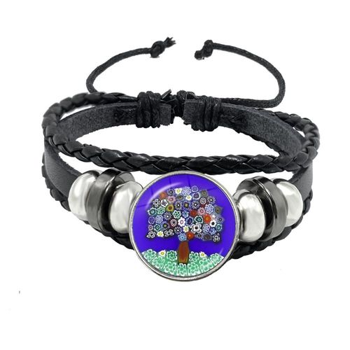 Bracelet Manchette En Cuir Pour Hommes Et Femmes, Manchette En Verre, Fleur Multicolore, Cabochon Réglable, Noir, Cadeau, Murano Millefiori