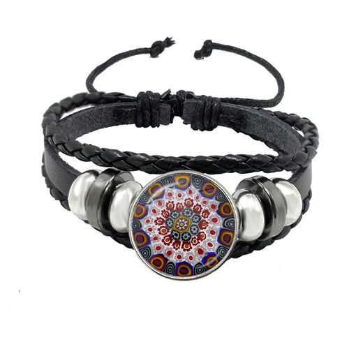 Bracelet Manchette En Cuir Pour Hommes Et Femmes, Manchette En Verre, Fleur Multicolore, Cabochon Réglable, Noir, Cadeau, Murano Millefiori
