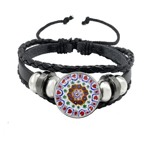 Bracelet Manchette En Cuir Pour Hommes Et Femmes, Manchette En Verre, Fleur Multicolore, Cabochon Réglable, Noir, Cadeau, Murano Millefiori