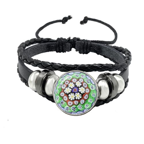 Bracelet Manchette En Cuir Pour Hommes Et Femmes, Manchette En Verre, Fleur Multicolore, Cabochon Réglable, Noir, Cadeau, Murano Millefiori