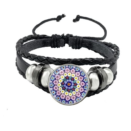 Bracelet Manchette En Cuir Pour Hommes Et Femmes, Manchette En Verre, Fleur Multicolore, Cabochon Réglable, Noir, Cadeau, Murano Millefiori