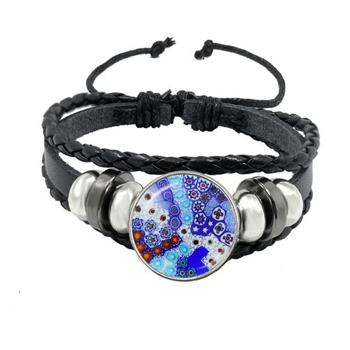 Bracelet Manchette En Cuir Pour Hommes Et Femmes, Manchette En Verre, Fleur Multicolore, Cabochon Réglable, Noir, Cadeau, Murano Millefiori