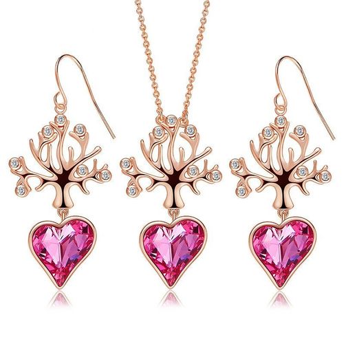 Ensemble De Boucles D'oreilles En Forme De C¿Ur Pour Femme, Bijoux En Cristal Rose, Or Rose, Pendentif Porte-Bonheur, Arbre De Vie, À La Mode, 3 Pièces
