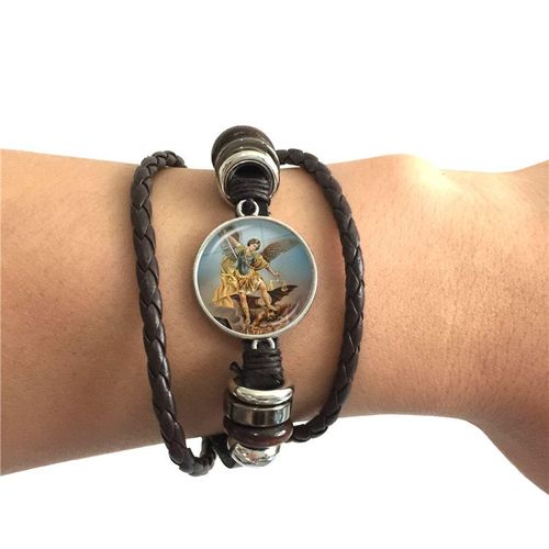 Bracelet Cabochon En Verre St.Michael Protège Moi, Saint Bouclier, Charme, Bracelet En Cuir, Russe, Orhodox, Sacré