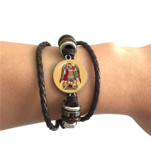 Bracelet Cabochon En Verre St.Michael Protège Moi, Saint Bouclier, Charme, Bracelet En Cuir, Russe, Orhodox, Sacré