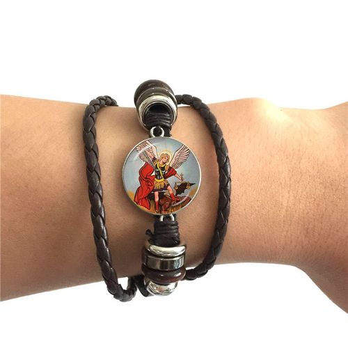 Bracelet Cabochon En Verre St.Michael Protège Moi, Saint Bouclier, Charme, Bracelet En Cuir, Russe, Orhodox, Sacré