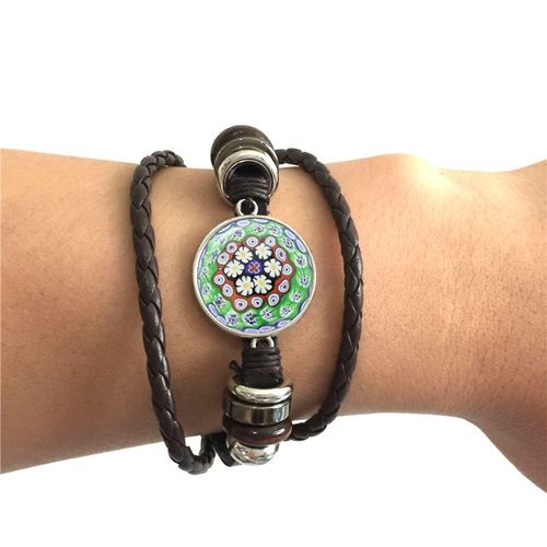 Bracelet En Cuir Murano Millefiori Multicolore Fleur 20mm, Cabochon En Verre Réglable Pour Femmes Et Hommes, Cadeau Vente En Gros